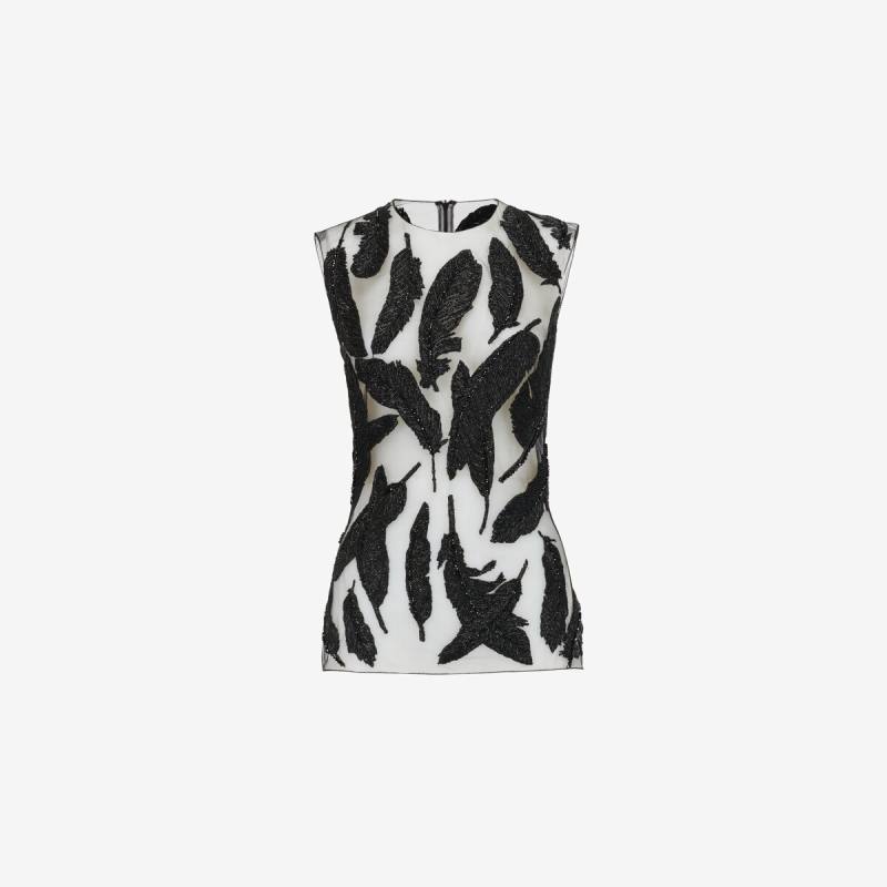 Alexander McQueen Women's Black Feather Embroidery Sleeveless Top - 8 (Polyamide)